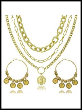 Layered Pirate Necklace Earrings Set Chunky Chain Coin Pendant Costume Jewelry